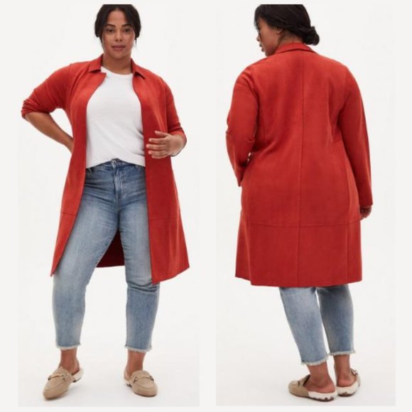 torrid Jackets & Blazers - TORRID Women's Large Faux Suede Open Front Knee Length Jacket Coat Rust Red